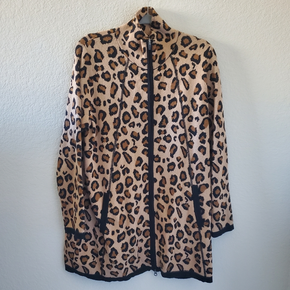 Rachel Zoe animal print long zip up knit coat